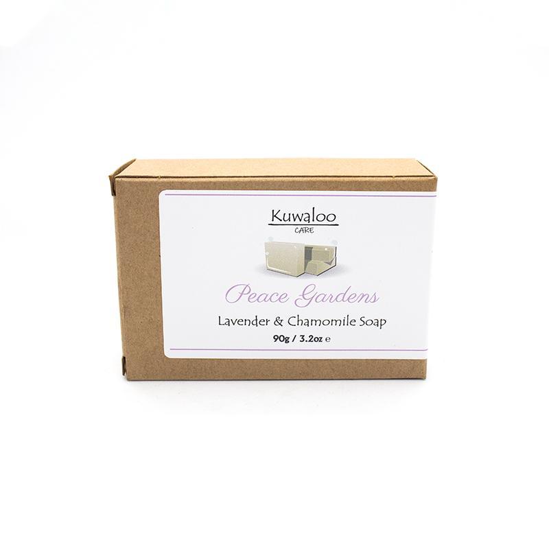 Peace Garden Organic Soap 90g with Lavender and Chamomile, featuring dried flowers on top.