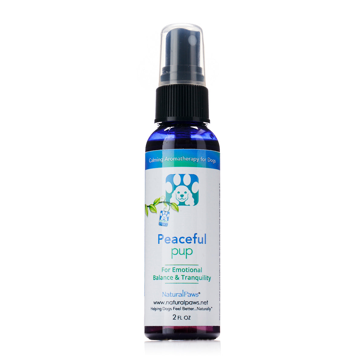 A bottle of Peaceful Pup Spray designed for calming anxious dogs, featuring a soothing label and a convenient spray nozzle.