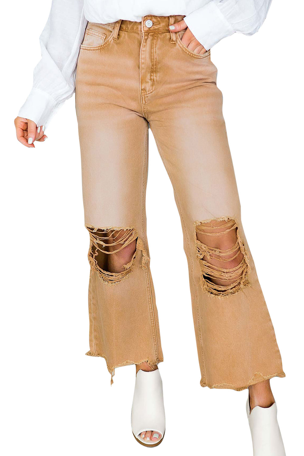 A pair of Peach Blossom Distressed Hollow-out High Waist Cropped Flare Jeans showcasing a vintage style with unique distressed details.