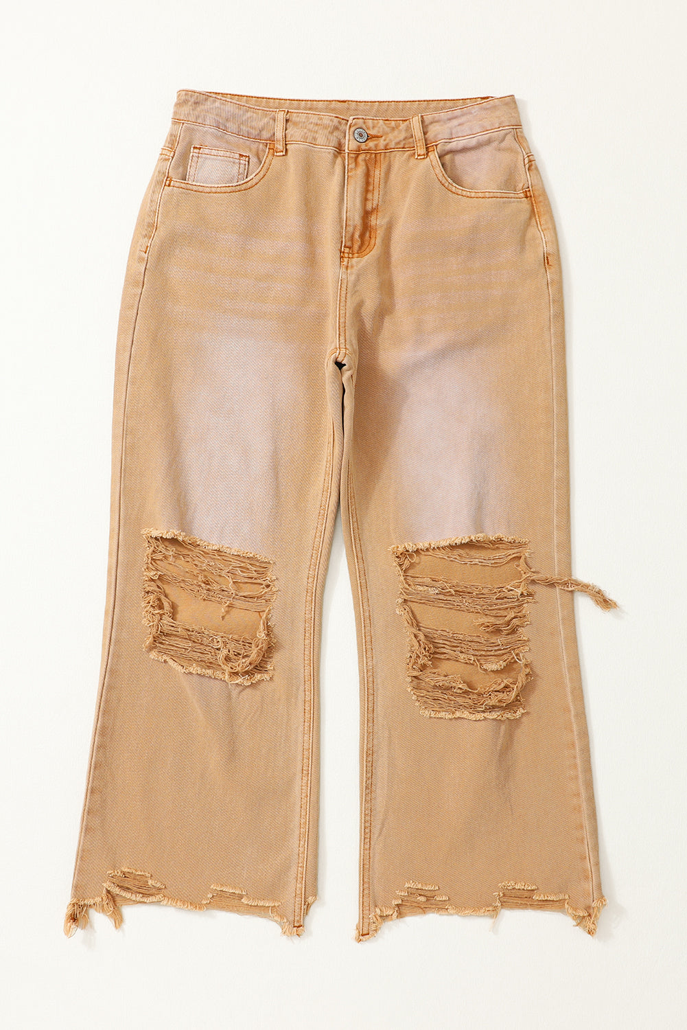 A pair of Peach Blossom Distressed Hollow-out High Waist Cropped Flare Jeans showcasing a vintage style with unique distressed details.