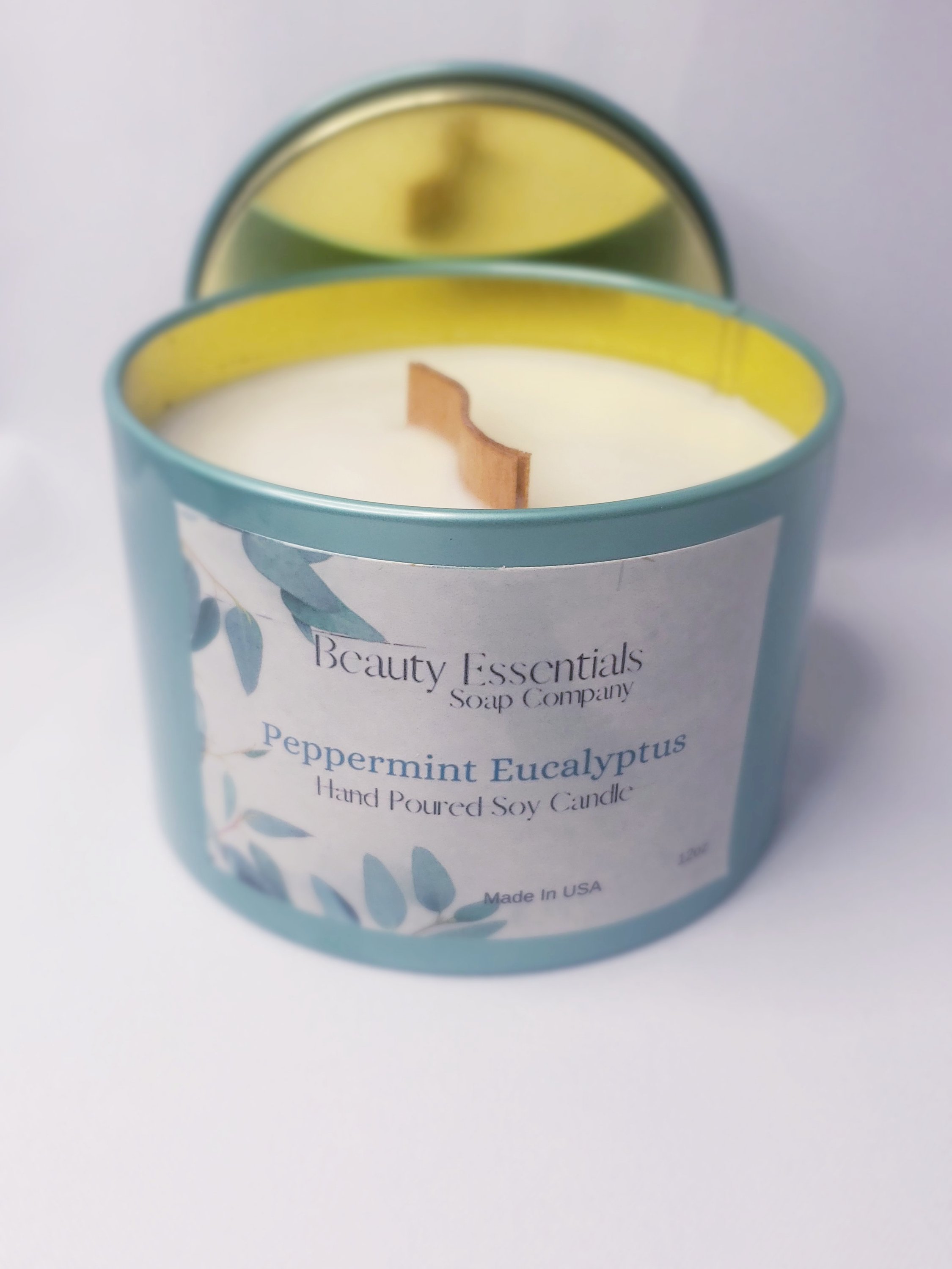 A beautifully crafted Peppermint Eucalyptus Candle in a glass jar, showcasing its refreshing scent and elegant design.