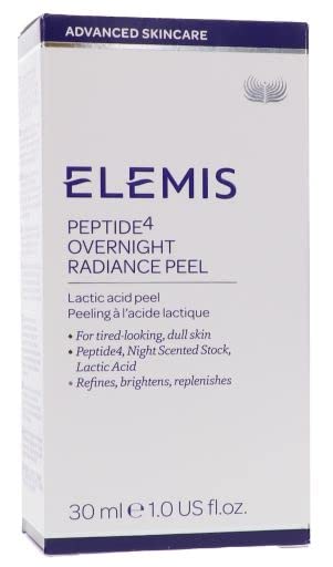 Elemis Peptide4 Overnight Radiance Peel bottle with a sleek design, showcasing its luxurious skincare formula.