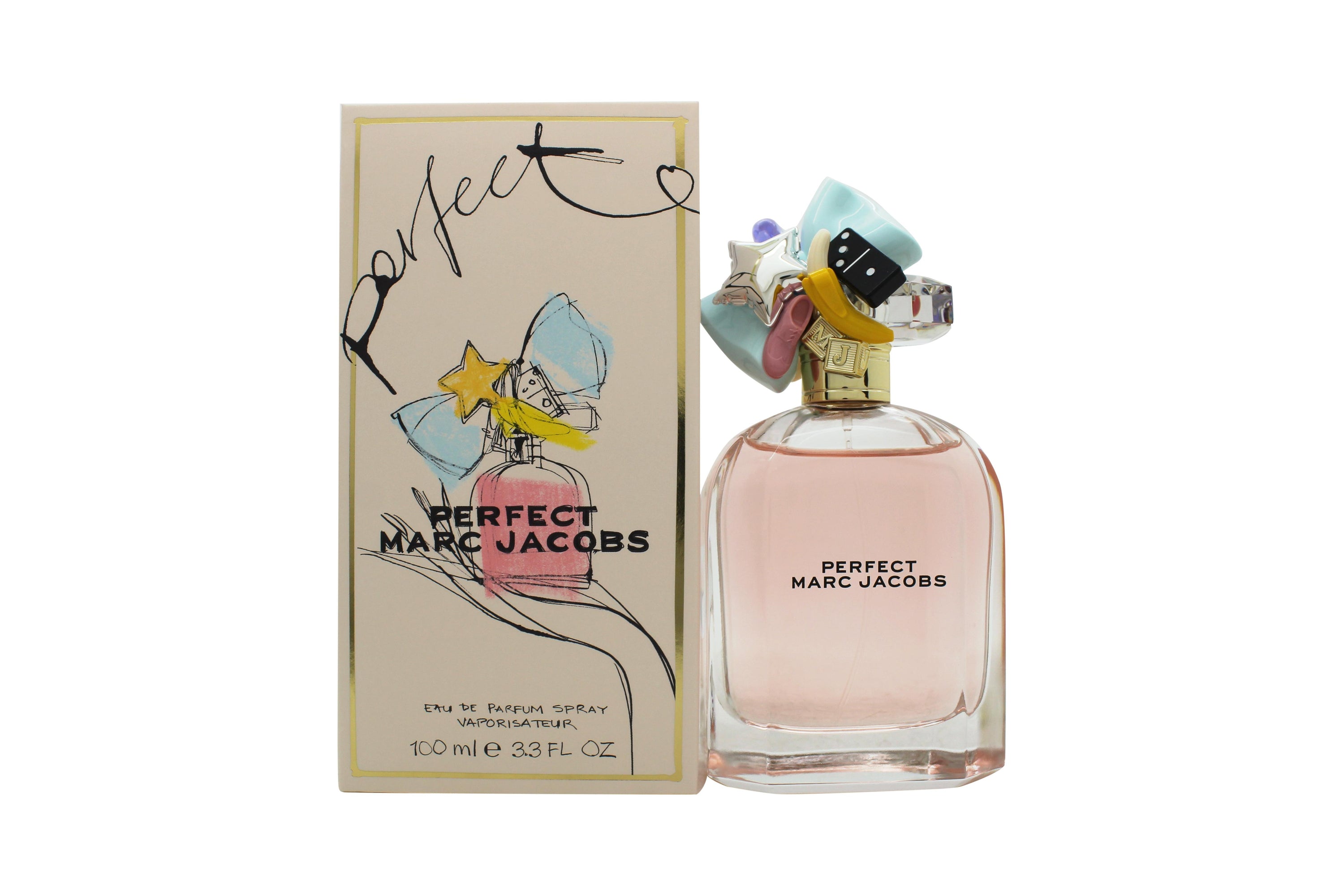 Perfect Eau de Parfum by Marc Jacobs in a stylish bottle with playful charms, showcasing its elegant design.