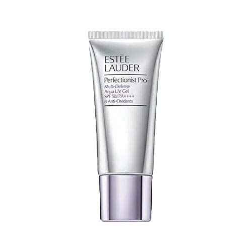 Estée Lauder Perfectionist Pro Multi-Defense Aqua UV Gel SPF50 in a sleek bottle, showcasing its lightweight gel texture.