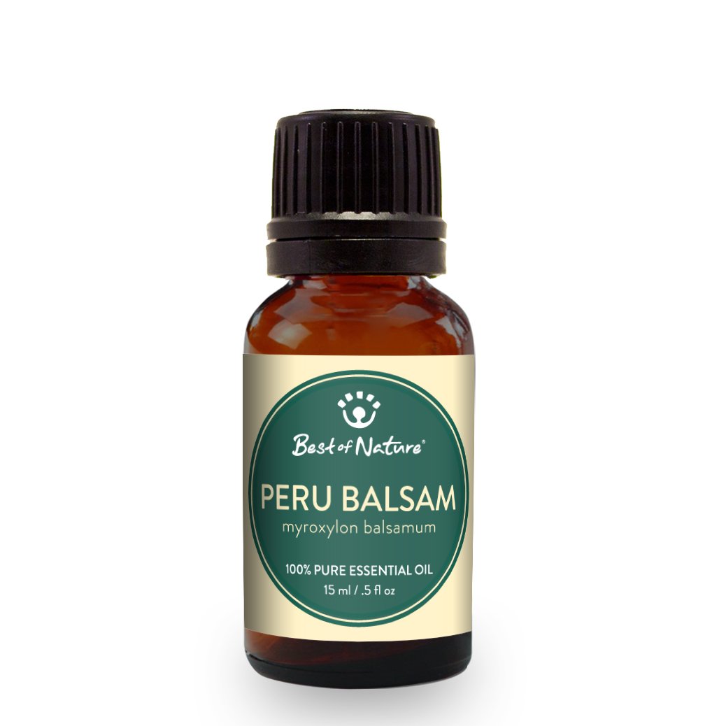 A bottle of 100% pure Peru Balsam Essential Oil with a vanilla-like scent, surrounded by natural elements.