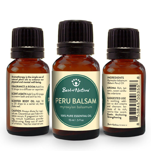 A bottle of 100% pure Peru Balsam Essential Oil with a vanilla-like scent, surrounded by natural elements.