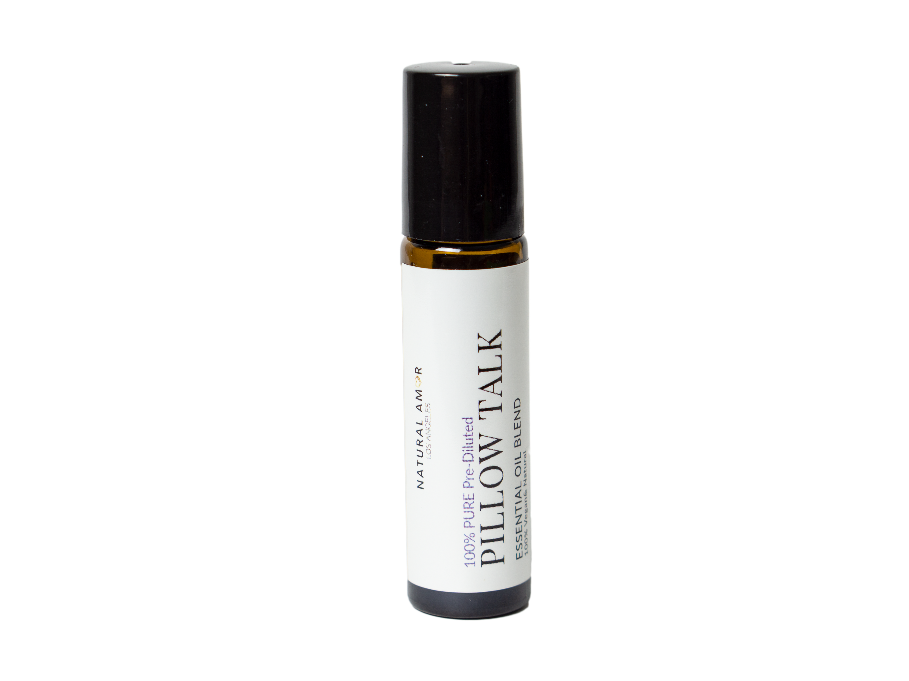 Pillow Talk Roll On Essential Oil Blend in a 10 mL bottle with a stainless steel rollerball, featuring a calming lavender and woodsy design.