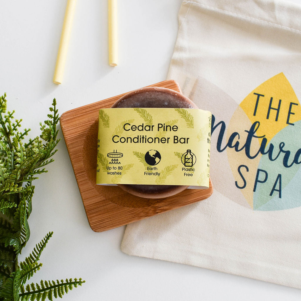 Pine and Cedar Solid Conditioner bar, eco-friendly hair care product, featuring natural ingredients and a unique design.