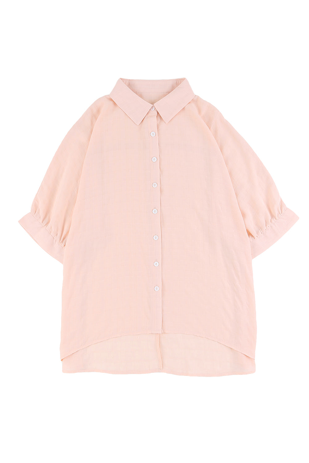 A stylish pink button front shirt with dolman sleeves, showcasing a loose fit and elegant design, perfect for casual or dressy occasions.