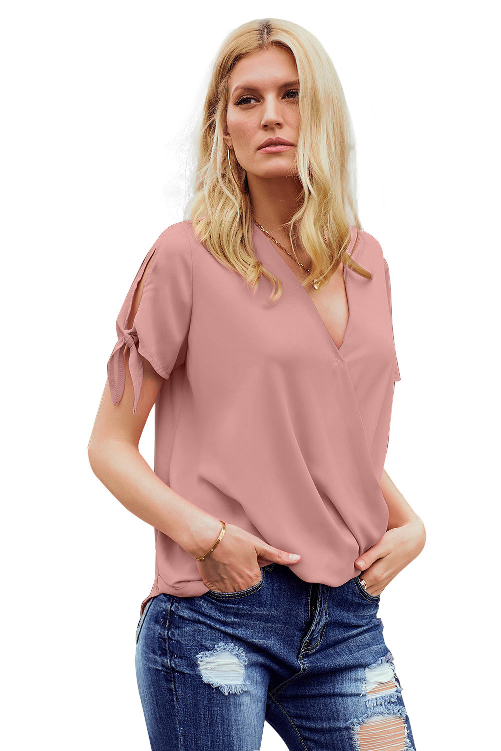 A stylish pink blouse with a v neckline, drape silhouette, rolled hemline, and tie sleeves, perfect for both office and casual wear.