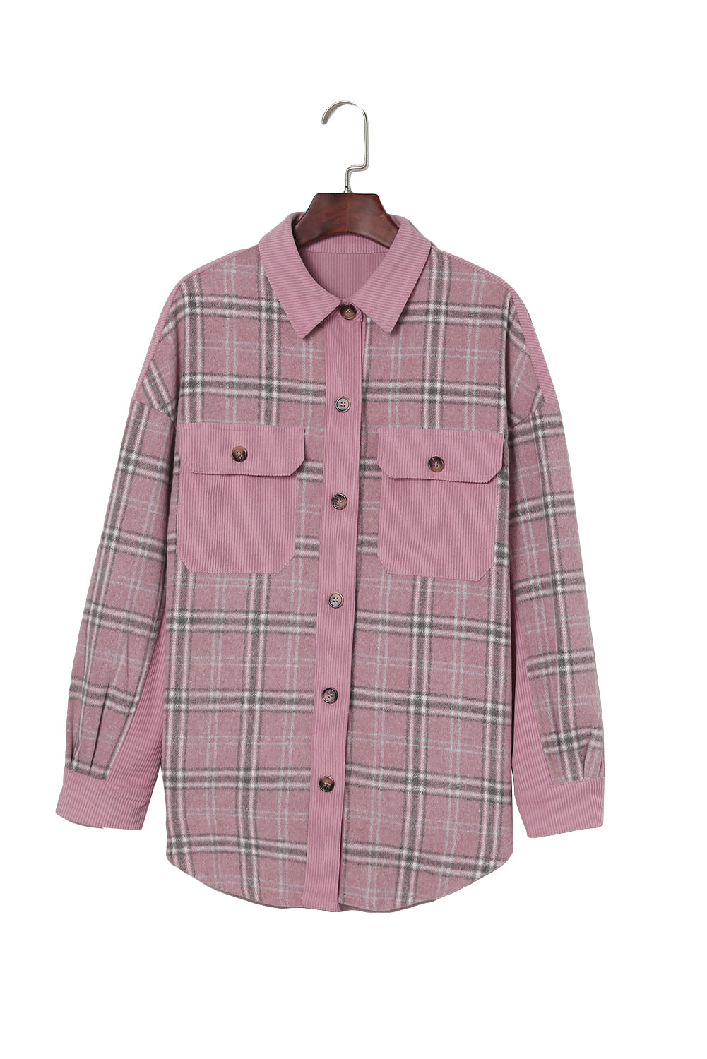 A stylish pink corduroy shacket with plaid pattern, featuring a turn-down collar, chest pockets, and button closure, perfect for casual wear.