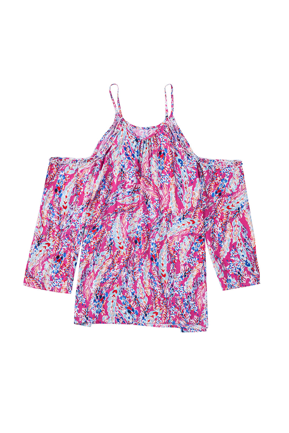 A stylish pink floral print cold shoulder top designed for plus size women, showcasing a vibrant floral pattern and elegant shoulder cutouts.