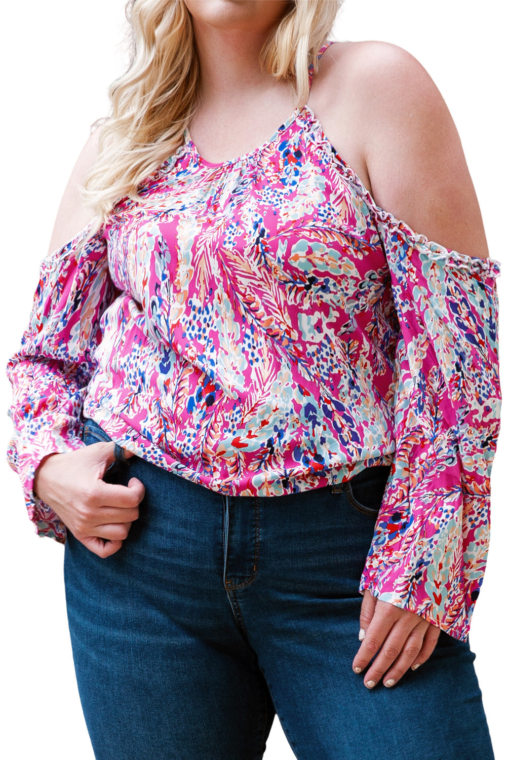 A stylish pink floral print cold shoulder top designed for plus size women, showcasing a vibrant floral pattern and elegant shoulder cutouts.