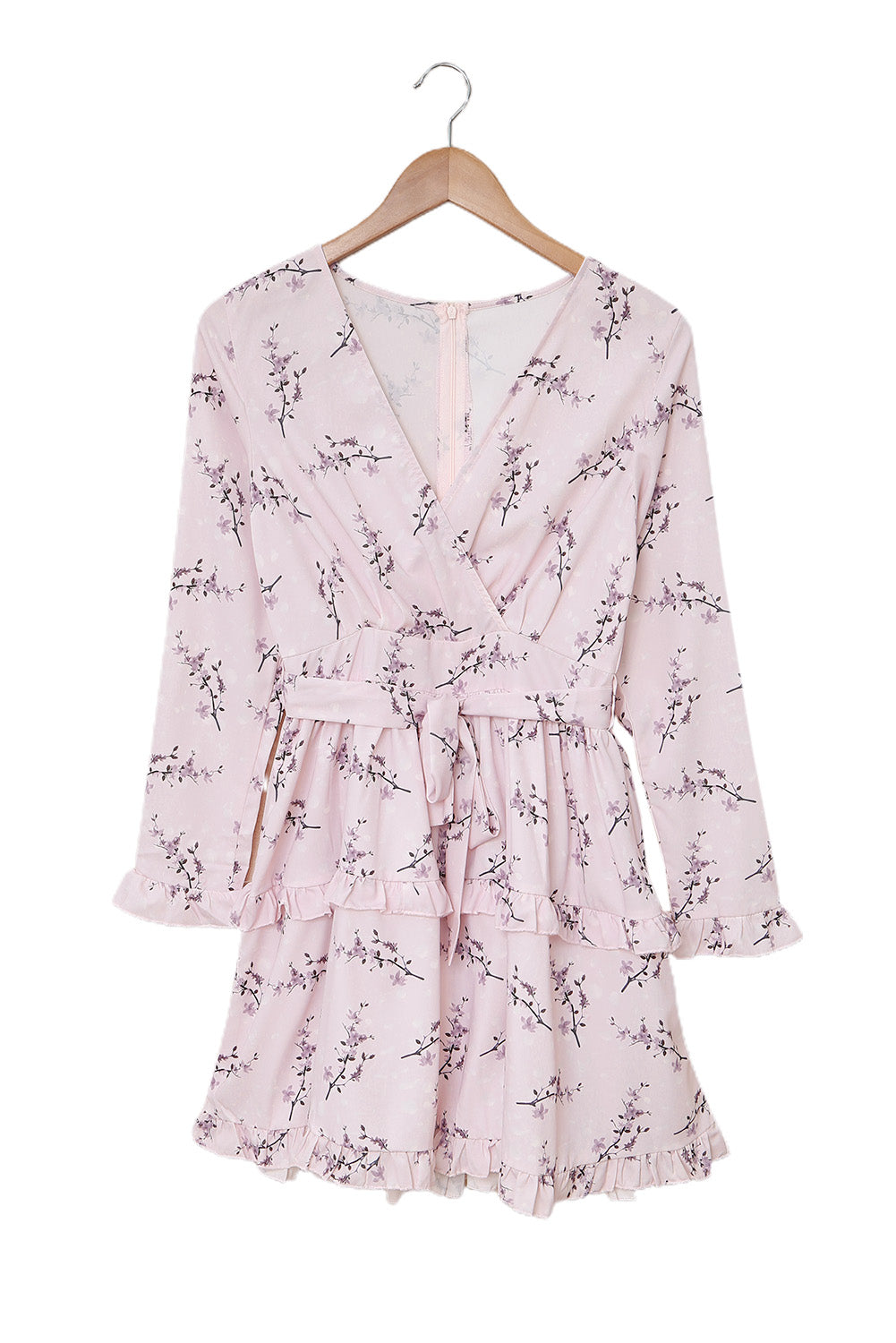 A stylish pink floral print mini dress featuring a ruffle hemline and wrap v neckline, perfect for casual and formal occasions.