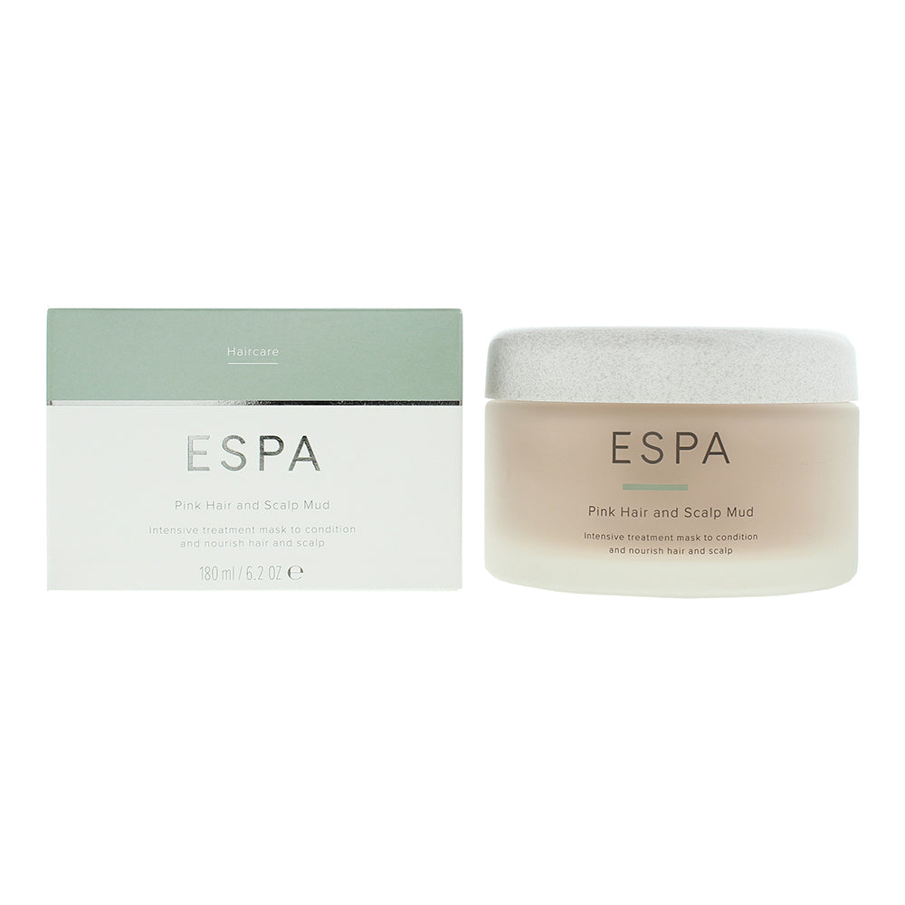 Espa Pink Hair and Scalp Mud Treatment Mask in a jar, showcasing its creamy texture and pink color, ideal for nourishing hair and scalp.