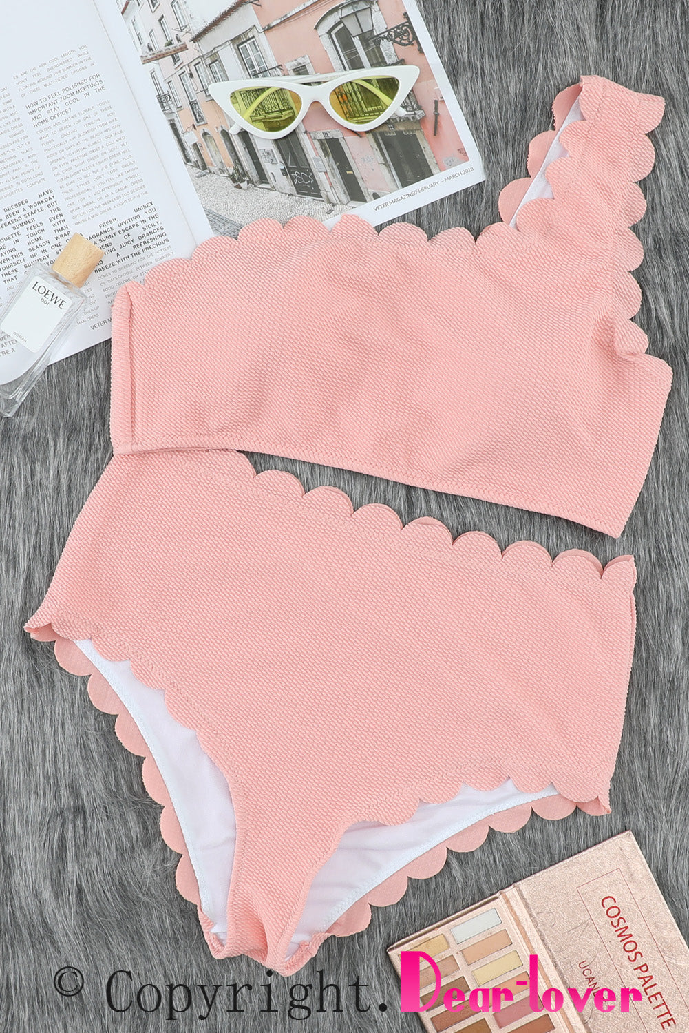 Pink High Waist Scalloped Trim One Shoulder Bikini showcasing a stylish one shoulder design with scalloped edges and high-waisted bottom.