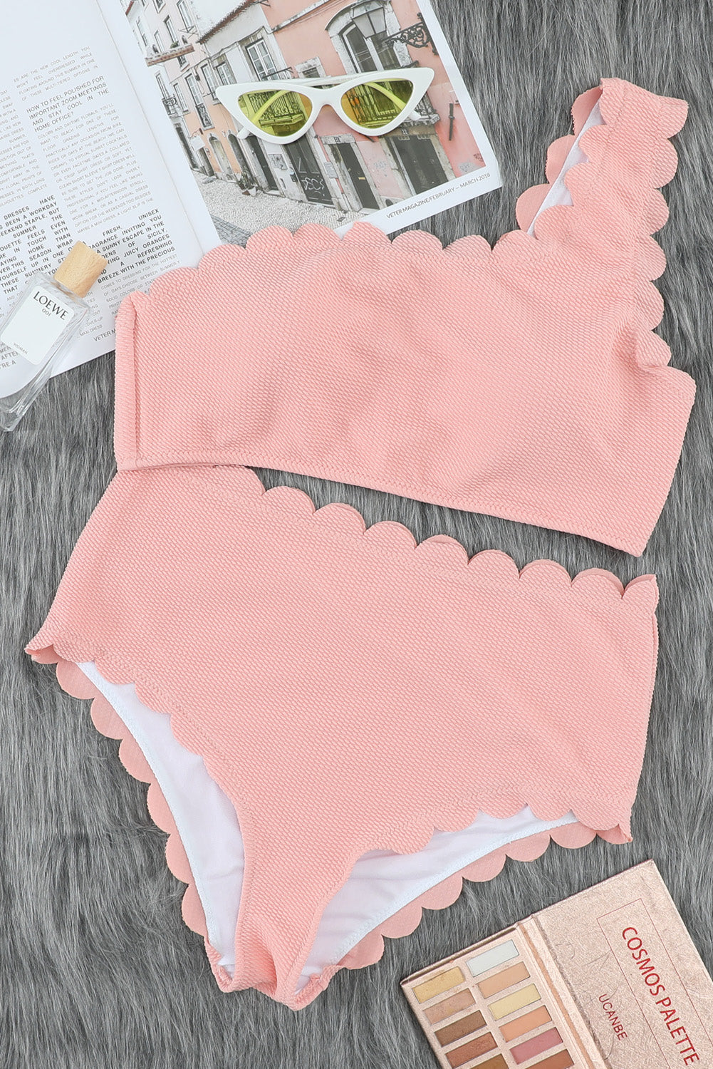 Pink High Waist Scalloped Trim One Shoulder Bikini showcasing a stylish one shoulder design with scalloped edges and high-waisted bottom.