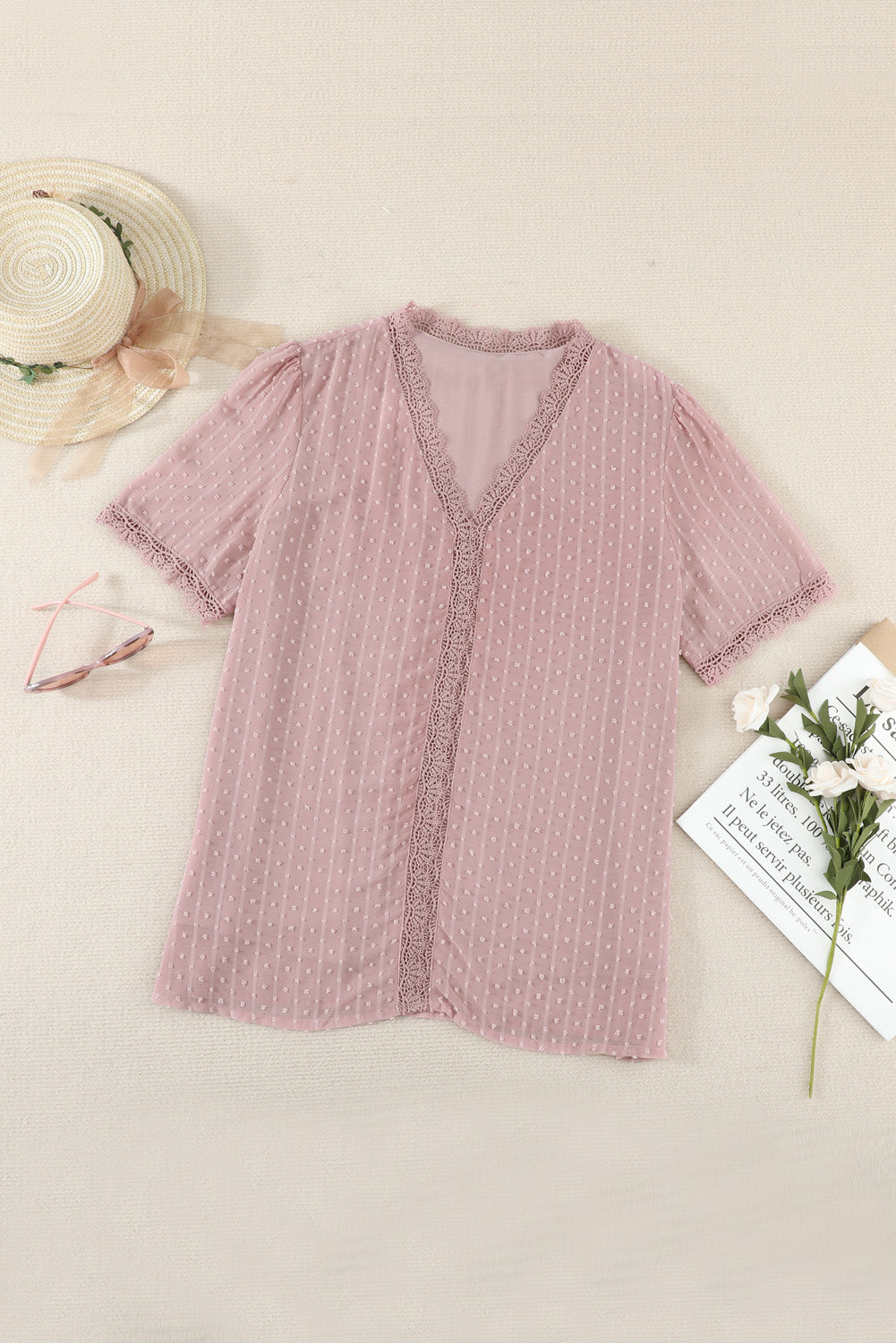 A stylish Pink Lace Splicing V-Neck Swiss Dot Short Sleeve Top featuring lace trim and a deep V-neck design, perfect for casual and formal occasions.