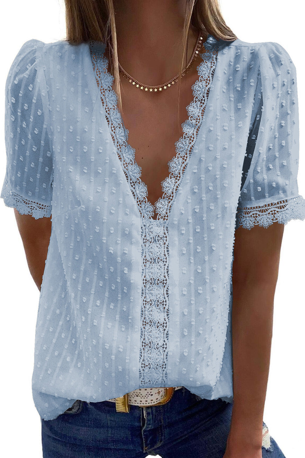 A stylish Pink Lace Splicing V-Neck Swiss Dot Short Sleeve Top featuring lace trim and a deep V-neck design, perfect for casual and formal occasions.