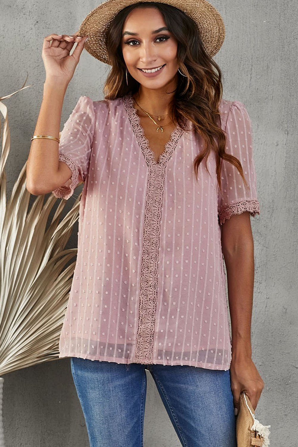 A stylish Pink Lace Splicing V-Neck Swiss Dot Short Sleeve Top featuring lace trim and a deep V-neck design, perfect for casual and formal occasions.