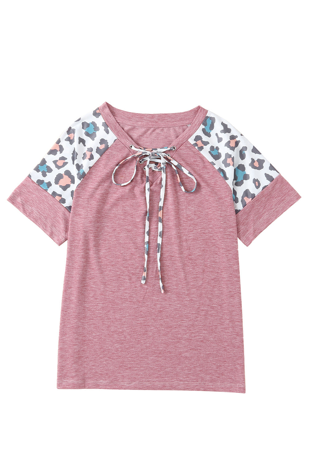 A stylish pink t-shirt featuring lace-up detail and leopard print raglan sleeves, perfect for casual wear.