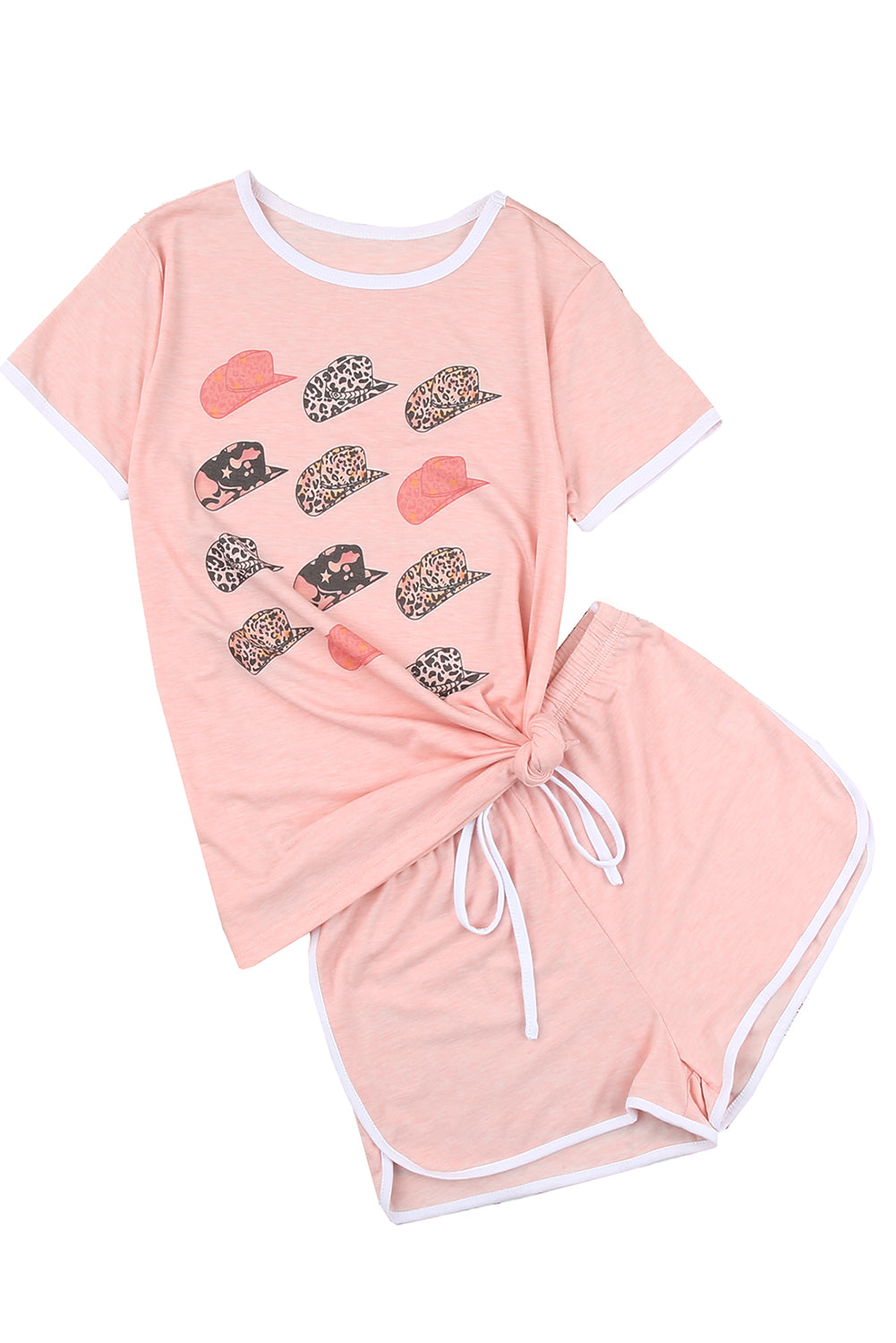 A stylish pink leopard hat print short sleeve t-shirt paired with matching drawstring shorts, perfect for summer lounging.