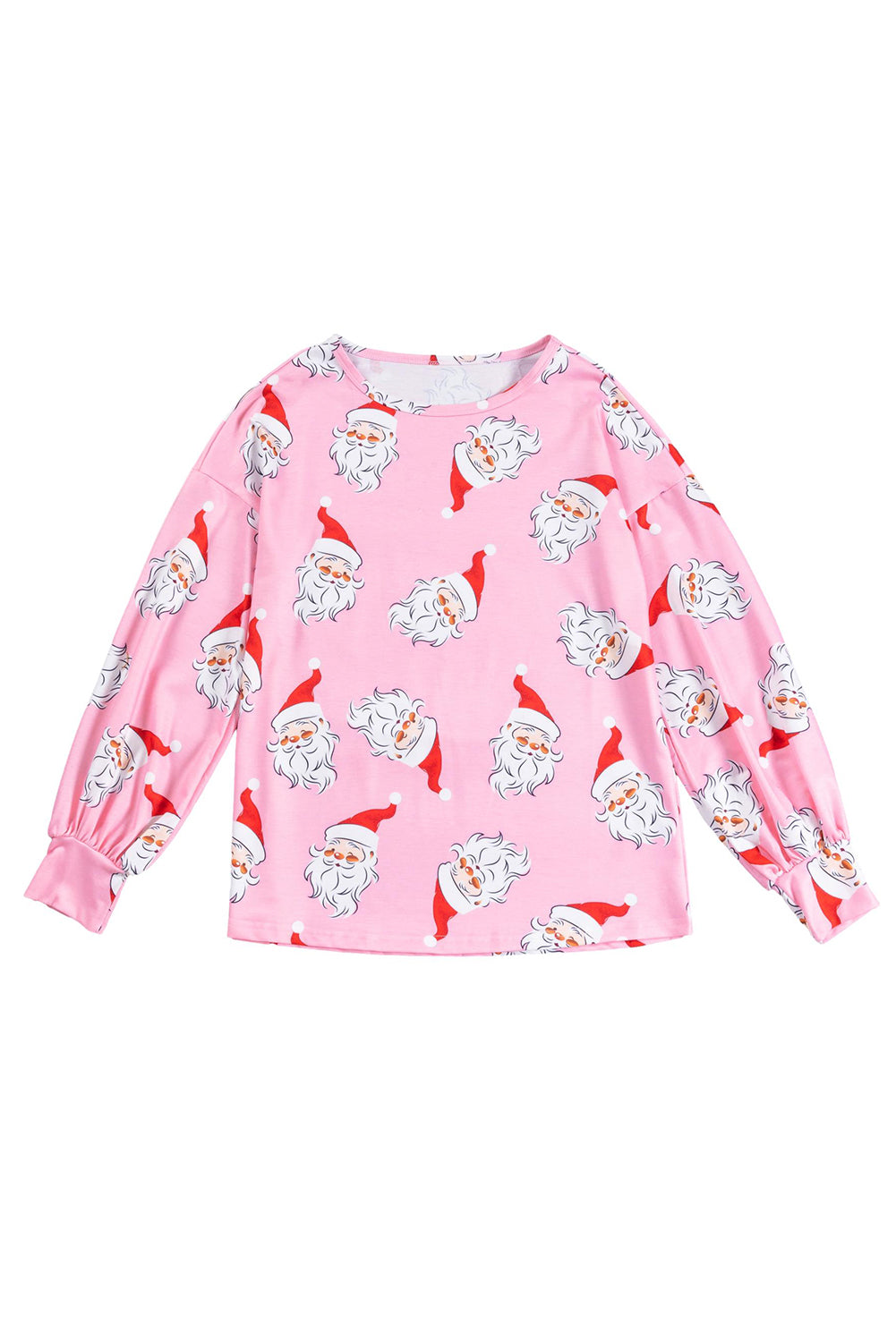 A stylish pink blouse featuring a festive Santa Claus print and elegant lantern sleeves, perfect for Christmas celebrations.