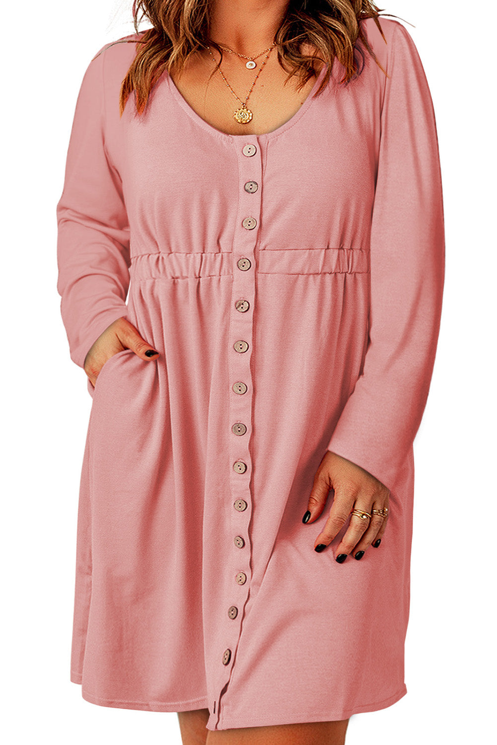 A stylish pink solid button front plus size long sleeve dress displayed on a mannequin, featuring a scoop neck and side pockets.