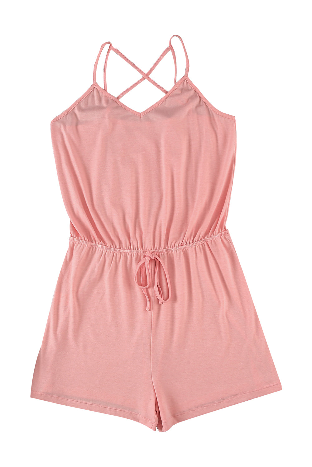 A stylish pink romper featuring spaghetti straps, a V-neckline, and a crisscross back design, perfect for a night out.