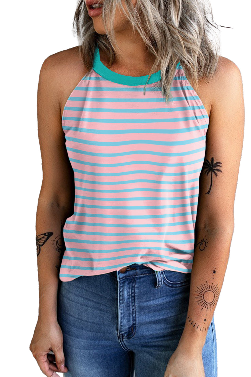 A stylish pink stripe round neck tank top displayed on a mannequin, showcasing its trendy design and comfortable fit.