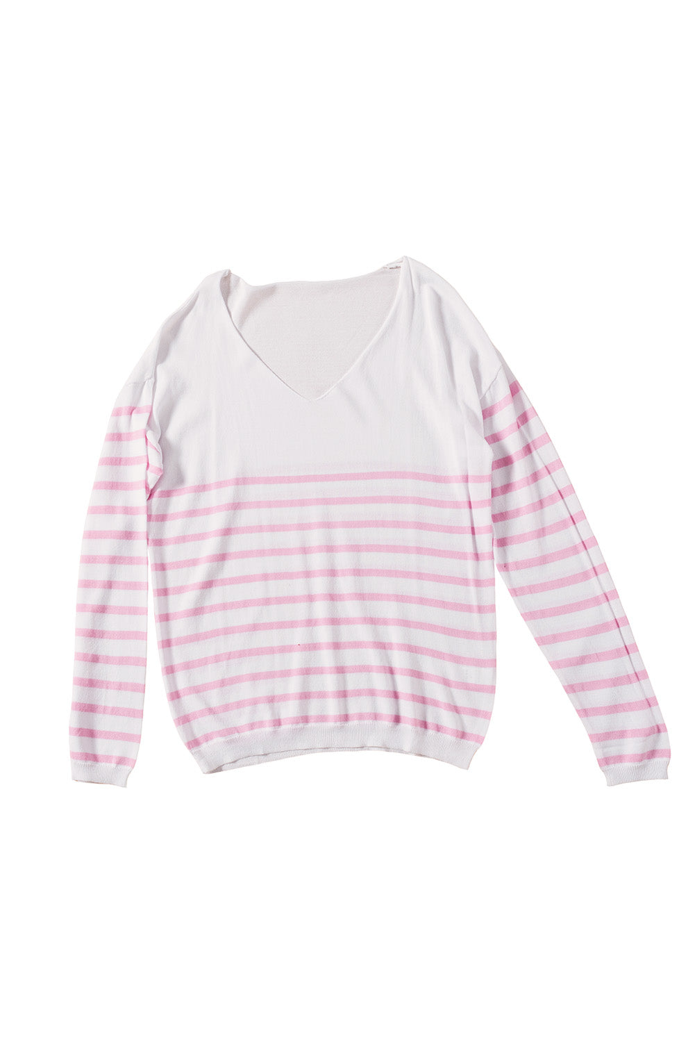 A stylish pink striped V neck long sleeve sweater displayed on a mannequin, showcasing its casual and chic design.