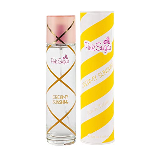 Aquolina Pink Sugar Creamy Sunshine Eau de Toilette bottle with a vibrant design, showcasing a sweet and sunny fragrance.