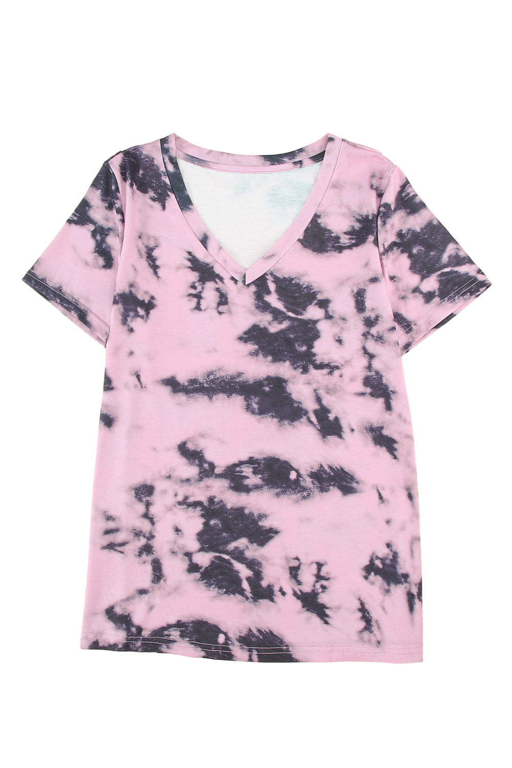 A stylish pink tie-dye V neck t-shirt for women, showcasing a vibrant and trendy design perfect for summer wear.