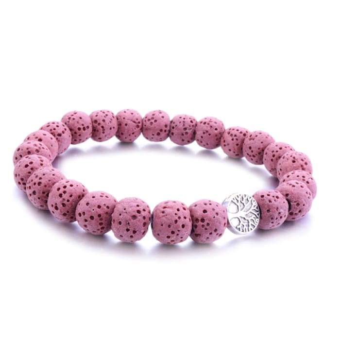 Pink Tree Of Life Lava Stone Essential Oil Bracelet featuring natural lava stones and a beautiful tree of life design.