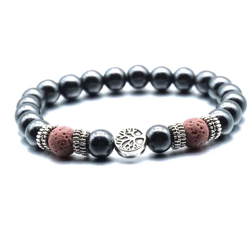 Pink Tree of Life Lava Stone Metal Bracelet featuring vibrant pink design and porous lava stones for essential oil absorption.