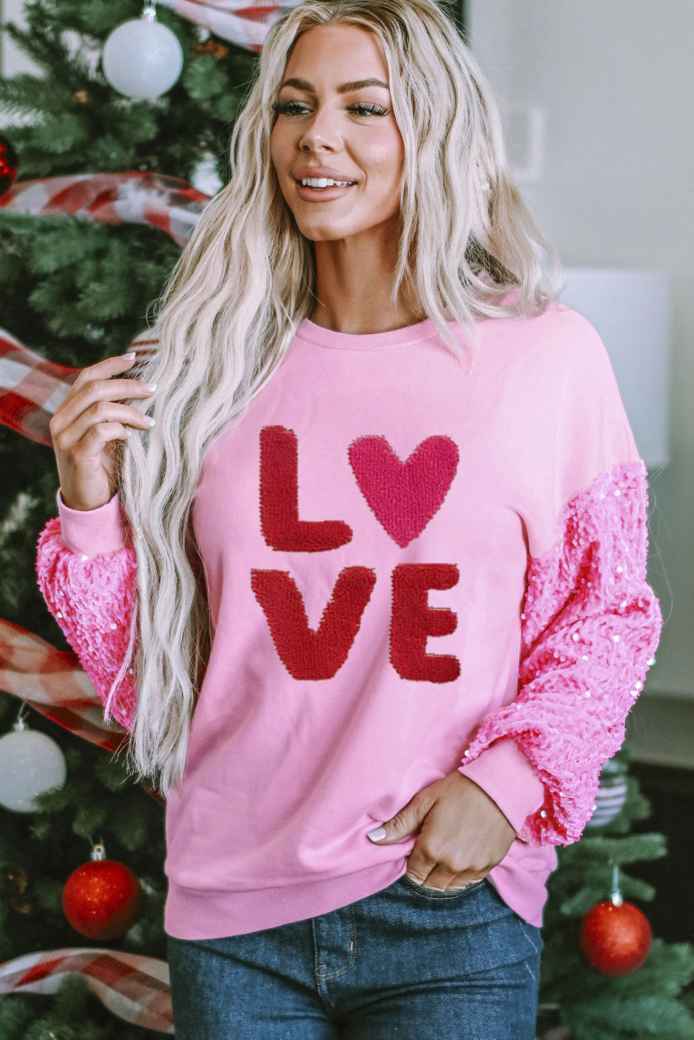 Pink Valentines LOVE Chenille Embroidered Sequin Sleeve Sweatshirt featuring a stylish design with embroidered letters and sparkling sequins.