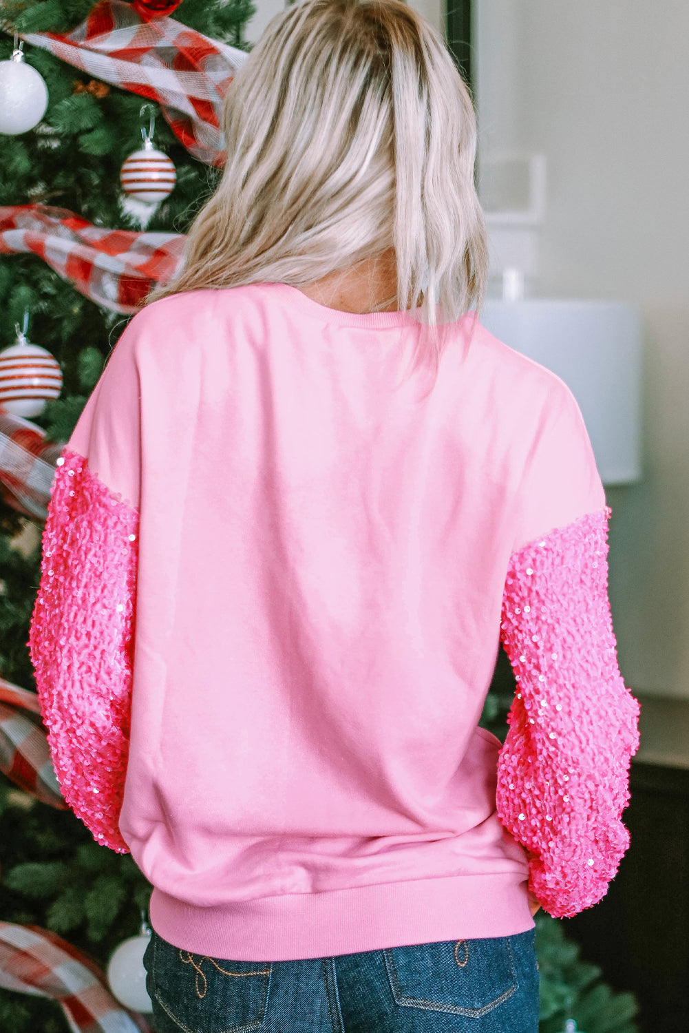 Pink Valentines LOVE Chenille Embroidered Sequin Sleeve Sweatshirt featuring a stylish design with embroidered letters and sparkling sequins.