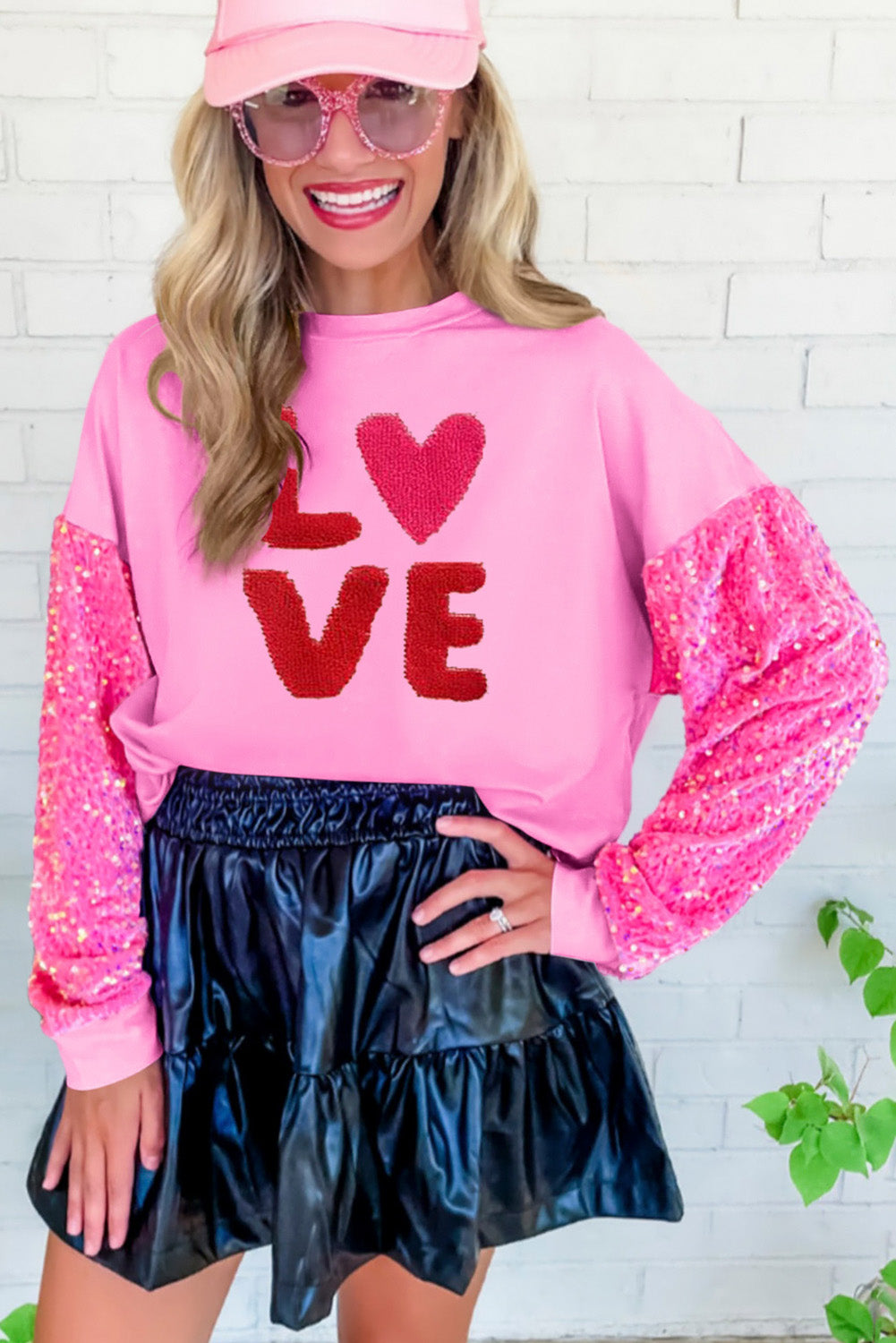 Pink Valentines LOVE Chenille Embroidered Sequin Sleeve Sweatshirt featuring a stylish design with embroidered letters and sparkling sequins.