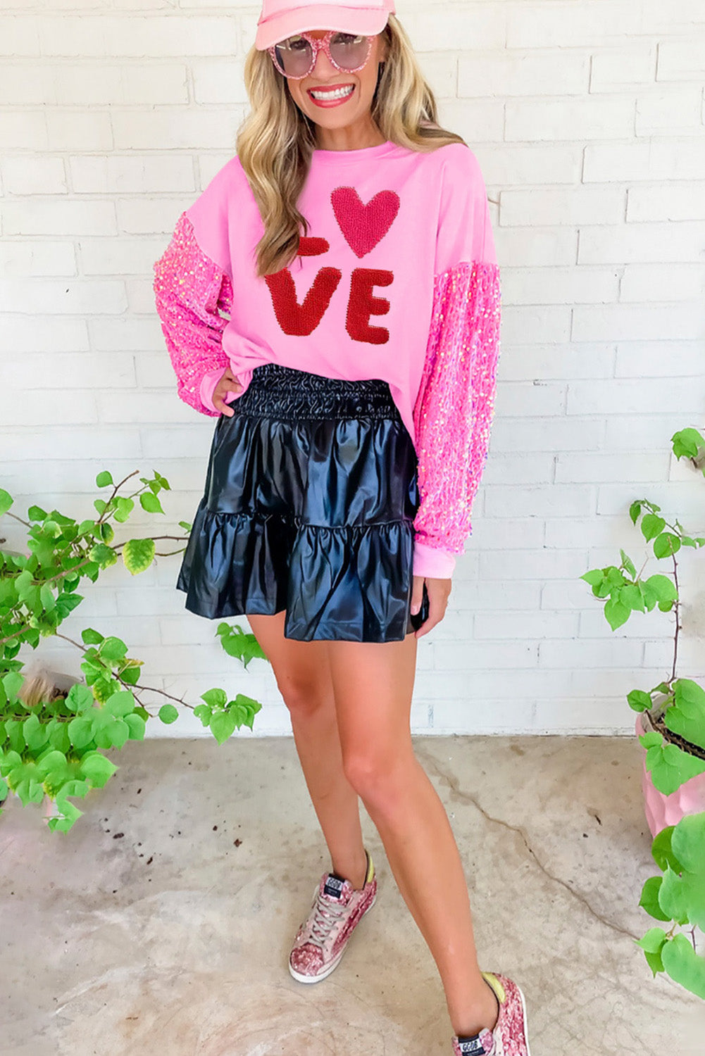 Pink Valentines LOVE Chenille Embroidered Sequin Sleeve Sweatshirt featuring a stylish design with embroidered letters and sparkling sequins.