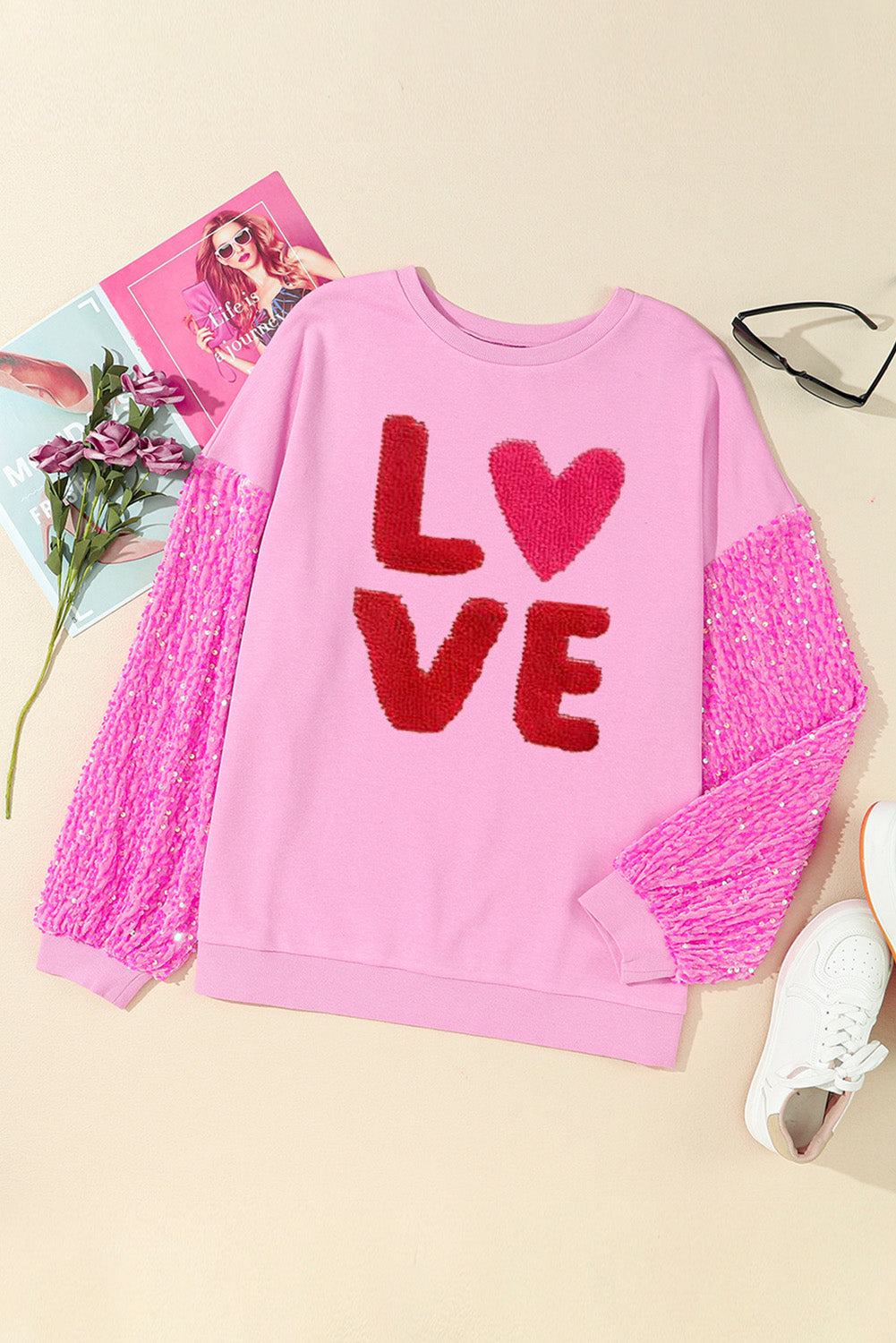 Pink Valentines LOVE Chenille Embroidered Sequin Sleeve Sweatshirt featuring a stylish design with embroidered letters and sparkling sequins.