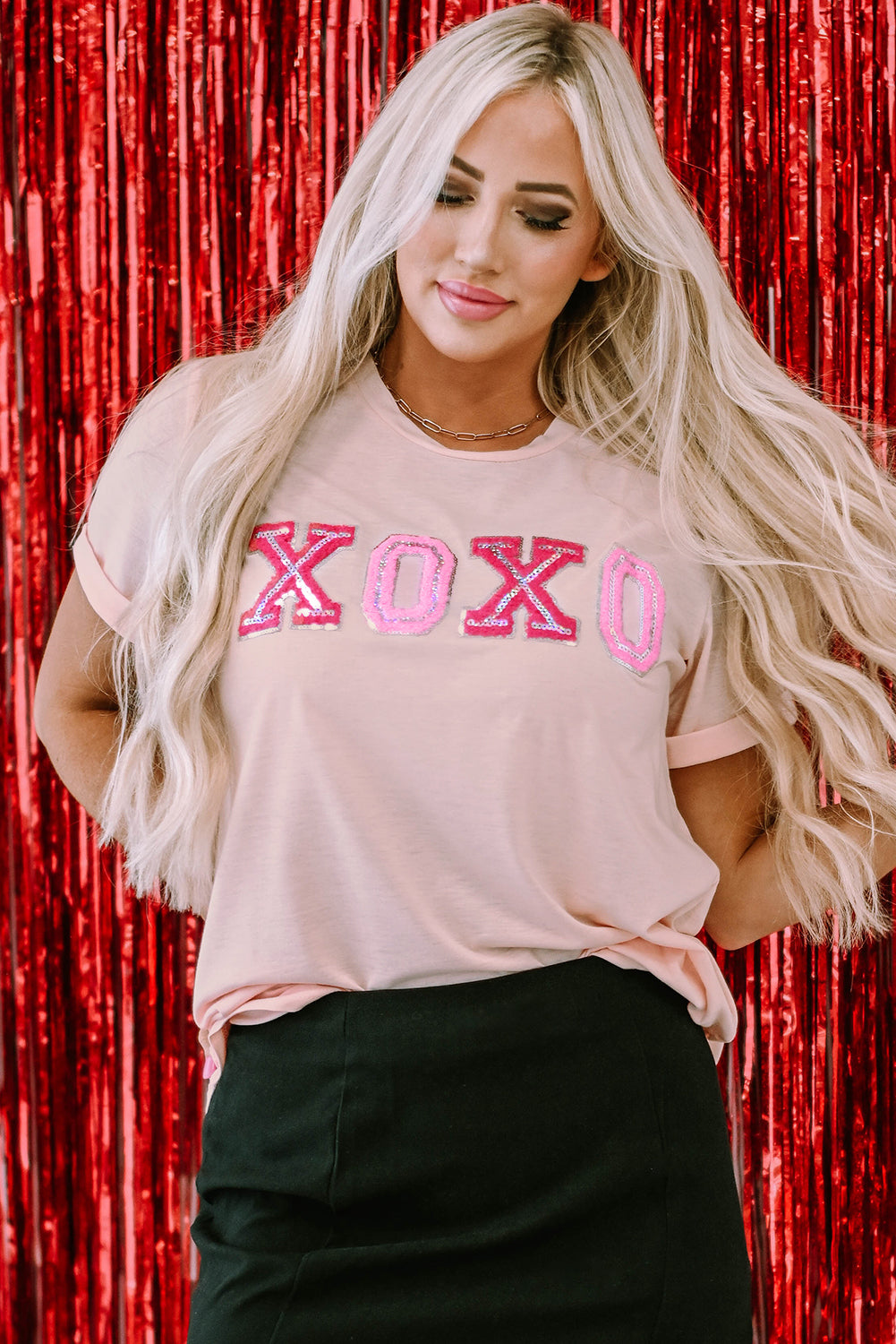 Pink Valentines Shiny XOXO Graphic T-shirt featuring a shiny XOXO design, perfect for Valentine's Day celebrations.