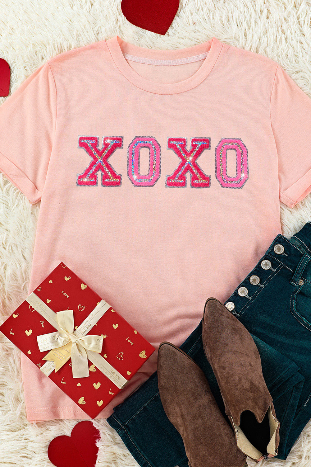 Pink Valentines Shiny XOXO Graphic T-shirt featuring a shiny XOXO design, perfect for Valentine's Day celebrations.