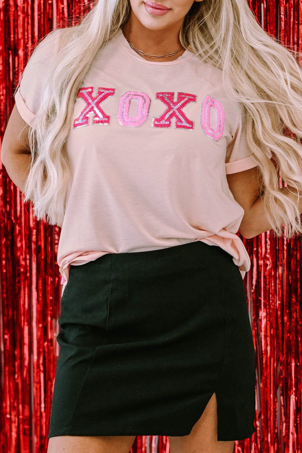 Pink Valentines Shiny XOXO Graphic T-shirt featuring a shiny XOXO design, perfect for Valentine's Day celebrations.