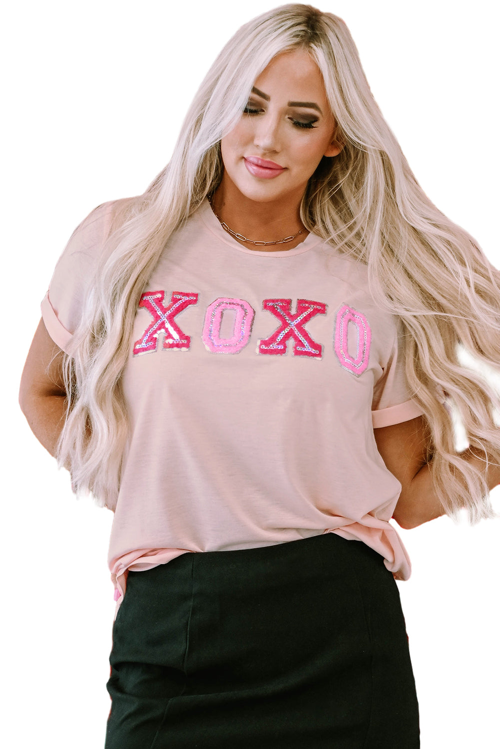 Pink Valentines Shiny XOXO Graphic T-shirt featuring a shiny XOXO design, perfect for Valentine's Day celebrations.