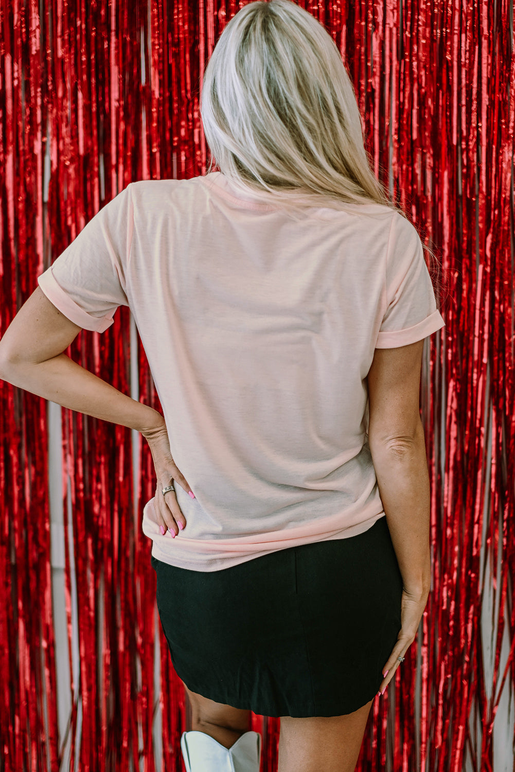 Pink Valentines Shiny XOXO Graphic T-shirt featuring a shiny XOXO design, perfect for Valentine's Day celebrations.