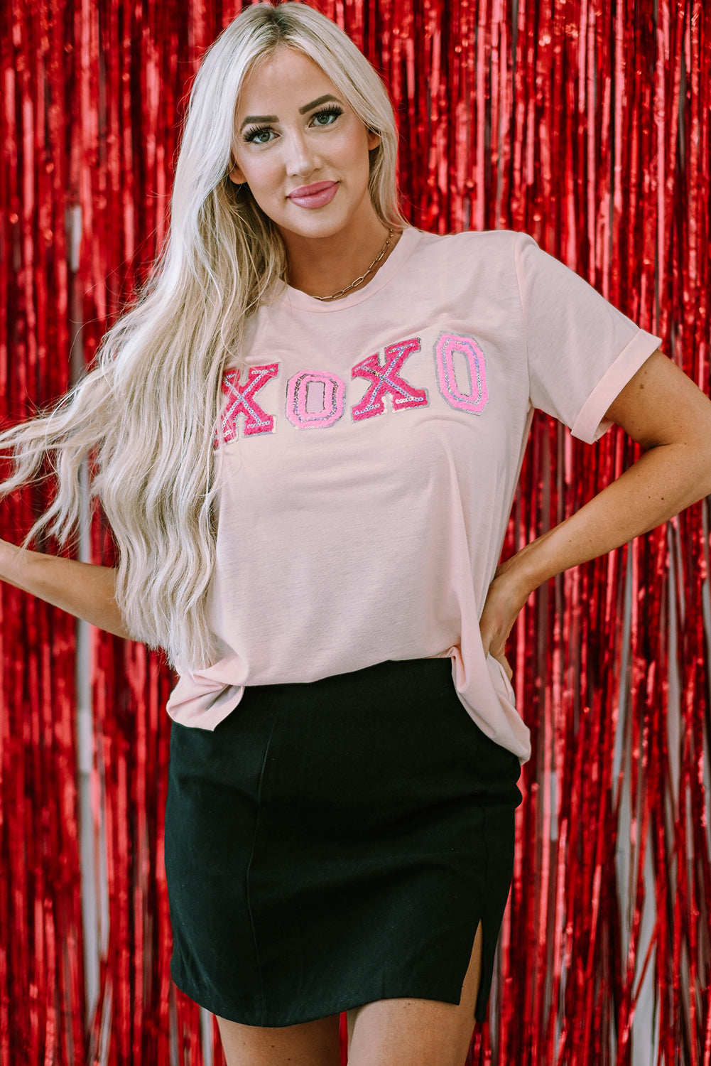 Pink Valentines Shiny XOXO Graphic T-shirt featuring a shiny XOXO design, perfect for Valentine's Day celebrations.