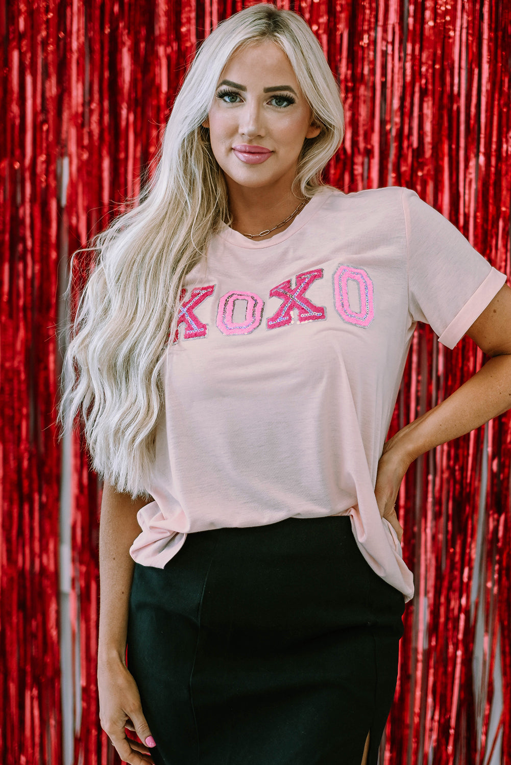 Pink Valentines Shiny XOXO Graphic T-shirt featuring a shiny XOXO design, perfect for Valentine's Day celebrations.