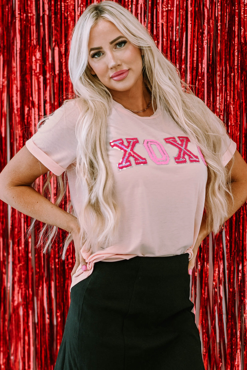 Pink Valentines Shiny XOXO Graphic T-shirt featuring a shiny XOXO design, perfect for Valentine's Day celebrations.