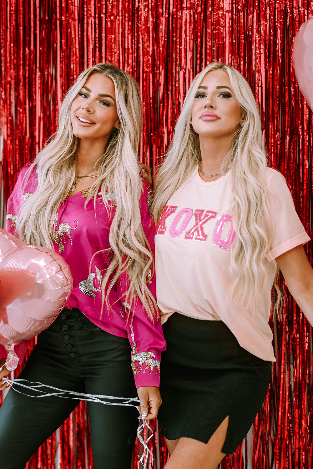 Pink Valentines Shiny XOXO Graphic T-shirt featuring a shiny XOXO design, perfect for Valentine's Day celebrations.