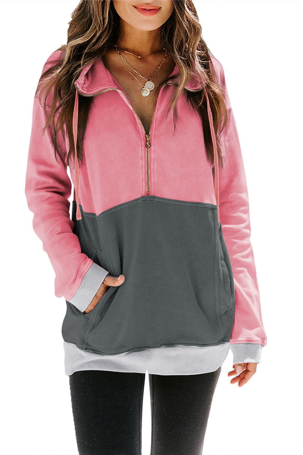 A stylish pink zipped colorblock sweatshirt with pockets, featuring a turn-down collar and a fashionable design, perfect for women.